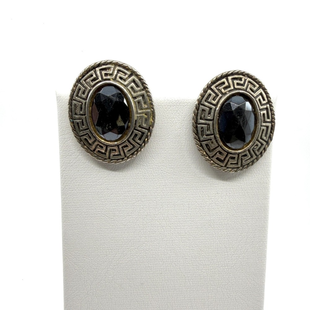 Vintage Greek Key Clip-On Earrings Black Faceted Stone Bohemian Style